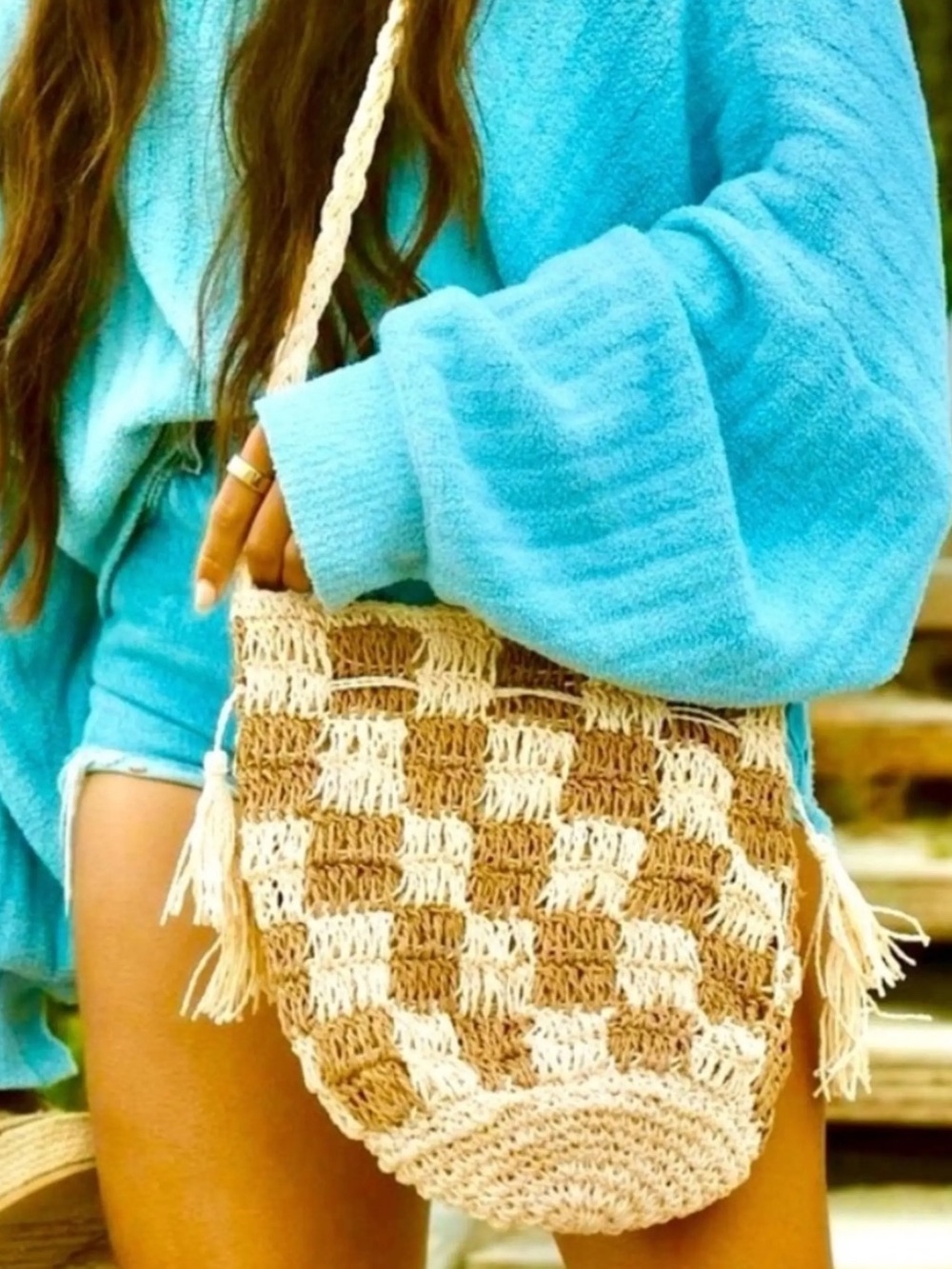 Handwoven Cream & Tan Checkered Crochet Crossbody Bag - Boho Style